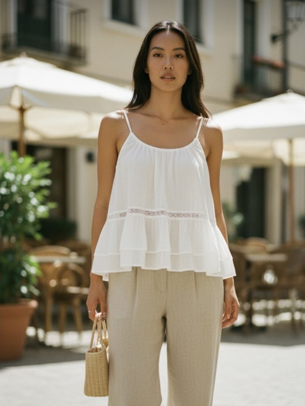 White Ruffle Cami Top - Lightweight Summer Layer